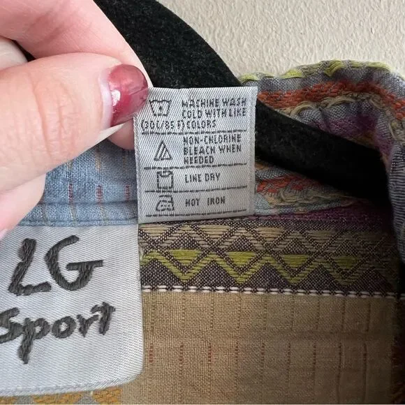 ✨ Vintage LG Sport Multicolor Patchwork Long Sleeve Button Down Shirt Large - Picture 6 of 9